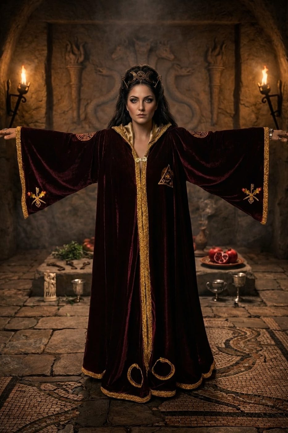 Capa ritualística em veludo marsala com galões dourados, vestida em um templo iluminado por tochas